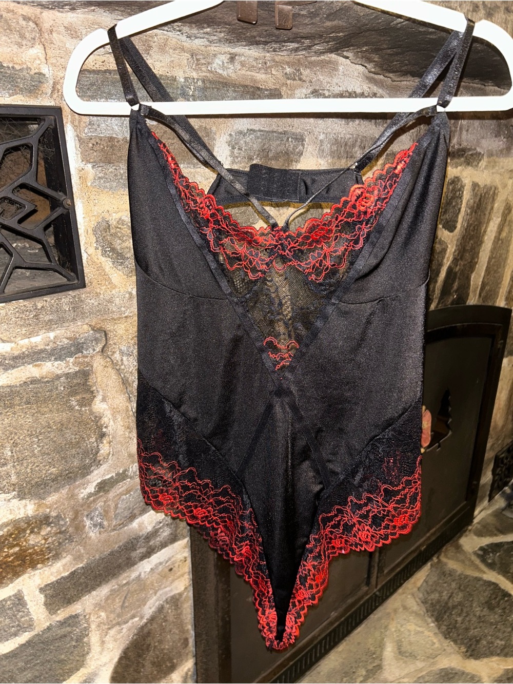 SHEIN Black Chemise with Red Lace Trim